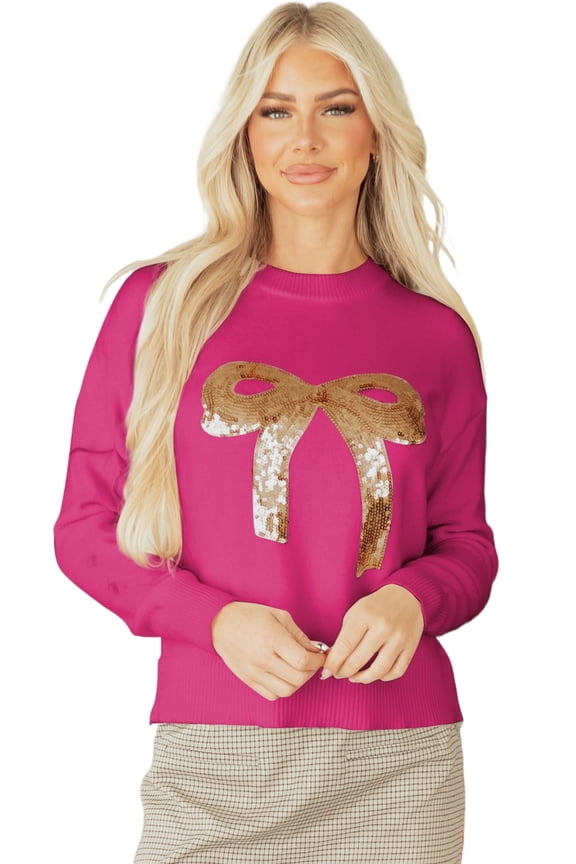 Women's Rose Red Sequined Bow Graphic Holiday Sweater – Casual Winter Style, XL