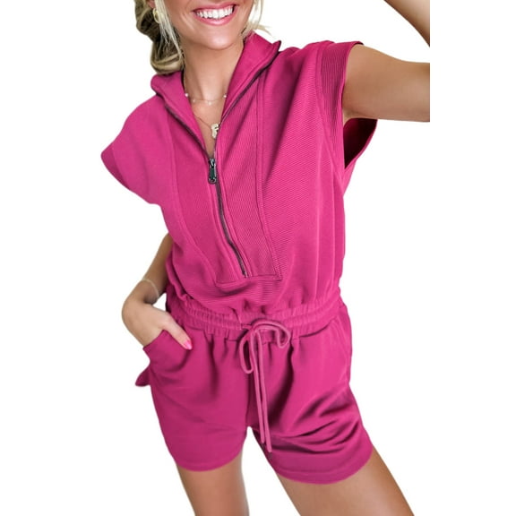 Women's Rose Red Textured Short Sleeve Half Zip Drawstring Waist Romper - Casual Summer Jumpsuit | [ZhiHiMeRi] | (US 12-14)L
