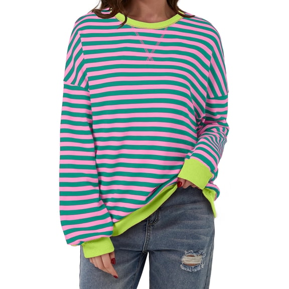 Women's Rose Stripe Contrast Ribbed Trim Drop Shoulder Sweatshirt - Casual Long Sleeve - [ZhiHiMeRi] | (US 20-22)2XL