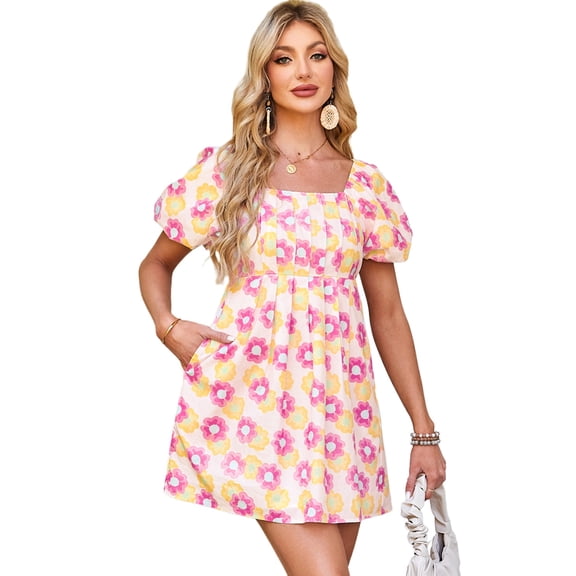 Women's Rose Vibrant Floral Square Neck Puff Sleeve Pleated Flared Midi Dress for Summer - [ZhiHiMeRi] | (US 16-18)XL