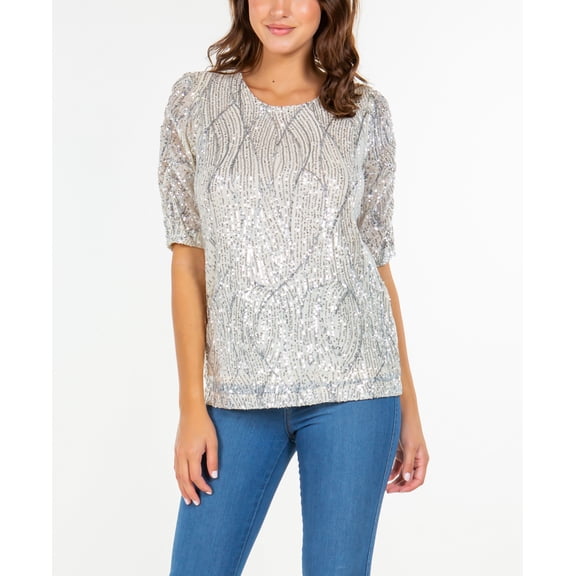 Women's Rouched Short Sleeve Sequin Top Champagne S