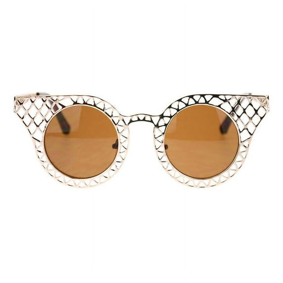 Women's Round Butterfly Shape Sunglasses Geometric Mesh Pattern Metal Frame Gold