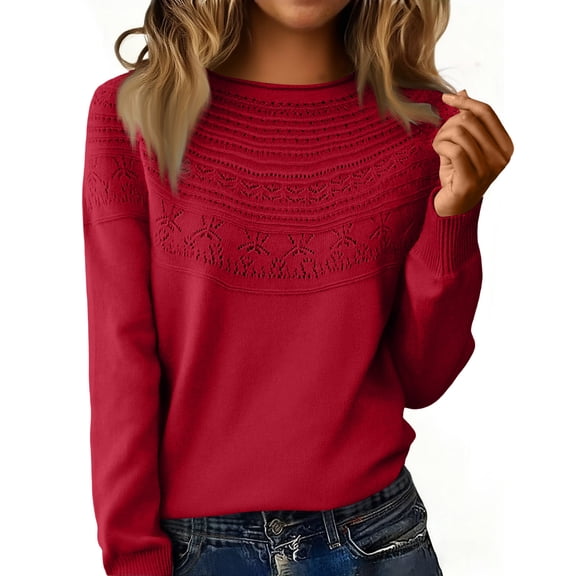 Women's Round Collar Sweaters,Long Sleeve Lace Up Pullover Tops,Casual Knitwear for Everyday Fashion 2026 Red 2XL