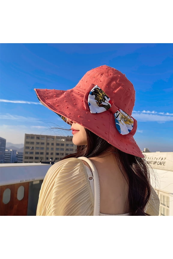 Women's Round Crown Sun Hat with Wide Brim, Cotton Blend Foldable Bucket Hat for Beach and Travel, Breathable Sun Protection Hat with Bow Decoration, Adjustable Summer Hat Red