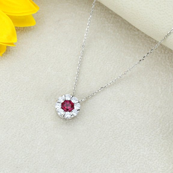 Women's Round Cut Lab Created Ruby 14K White Gold Finish Silver Halo Pendant Necklace
