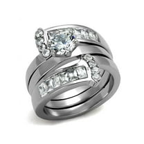 Women's Round Cut Silver Stainless Steel AAA Cz Wedding Ring Band Set Size 5
