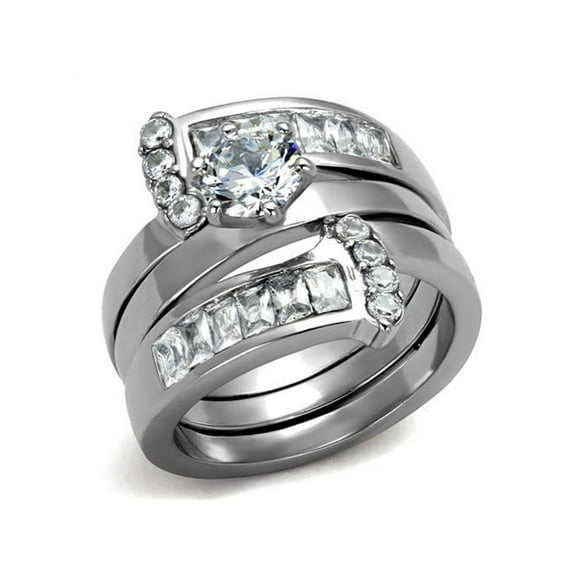 Women's Round Cut Silver Stainless Steel AAA Cz Wedding Ring Band Set Size 9