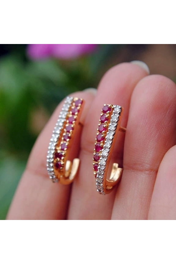 Women's Round Cut Simulated Ruby Hoop Earrings 14K Yellow Gold Plated Screw Back