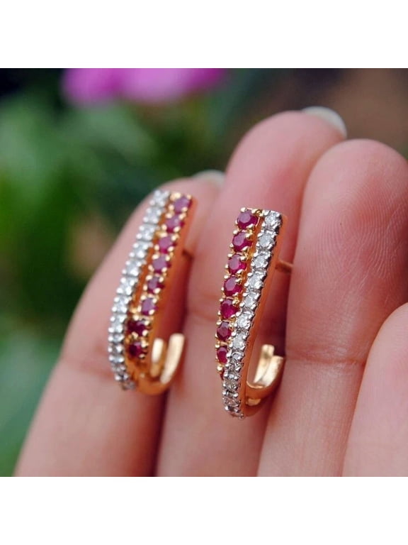 Women's Round Cut Simulated Ruby Hoop Earrings 14K Yellow Gold Plated Screw Back