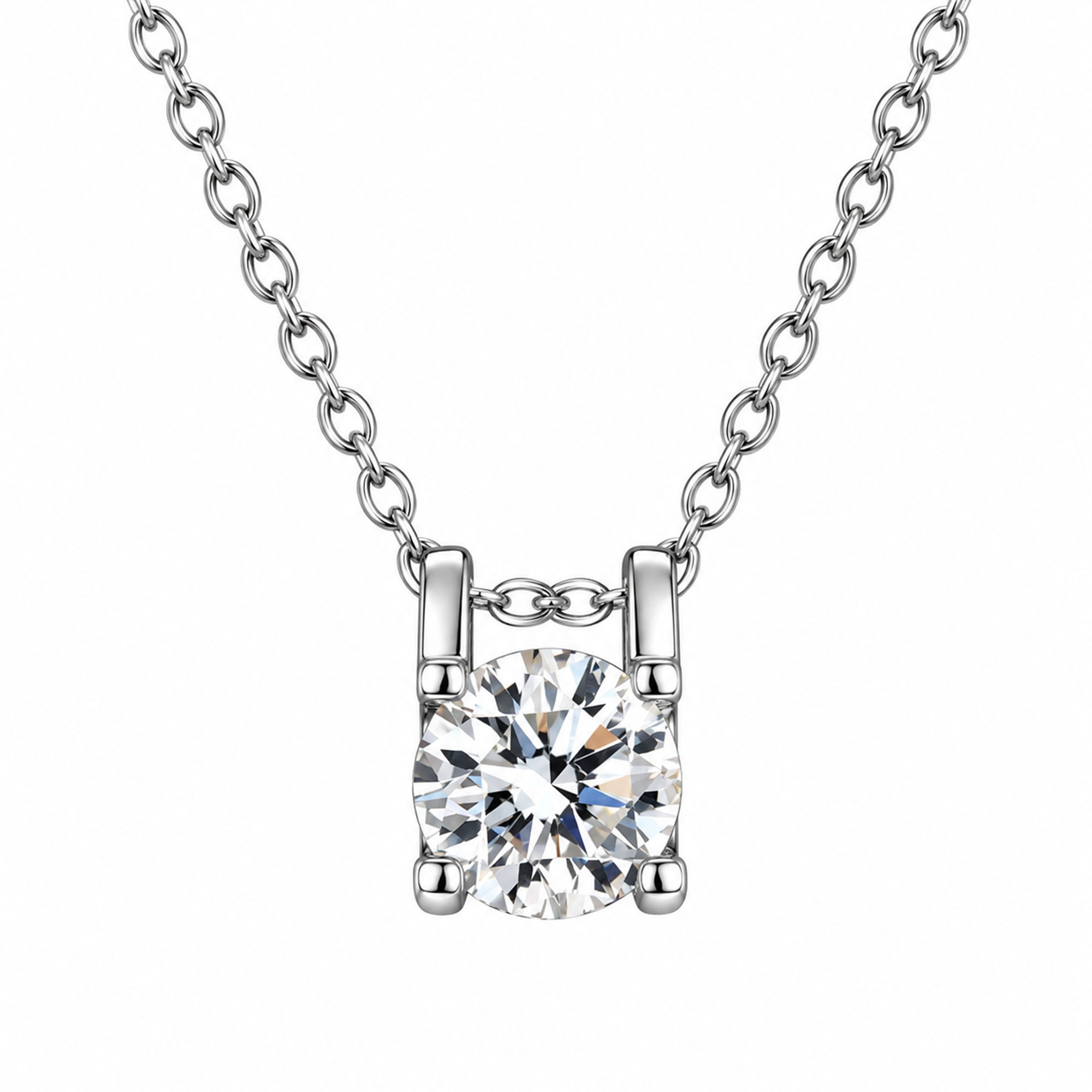 Women's Round-Cut Solitaire Pendant Necklace, White Copper Silver-Tone Chain, Fashion Commuter Necklace for Women