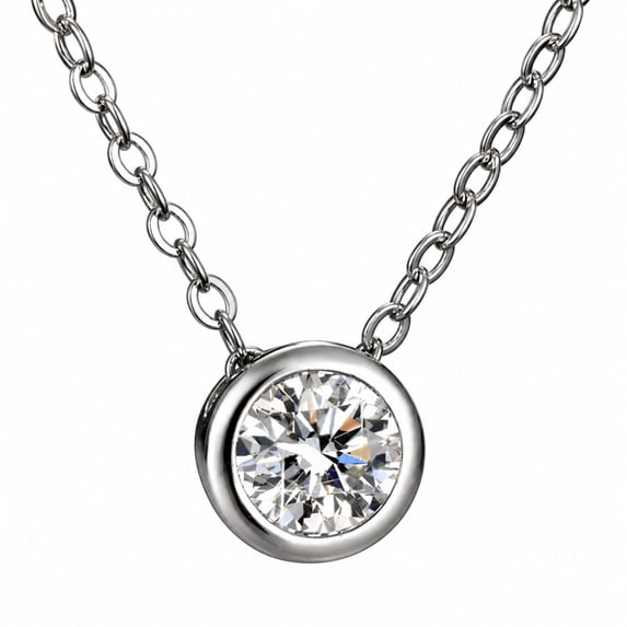 Women's Round-Cut Solitaire Pendant Necklace, White Copper Silver-Tone Chain, Fashion Commuter Necklace for Women