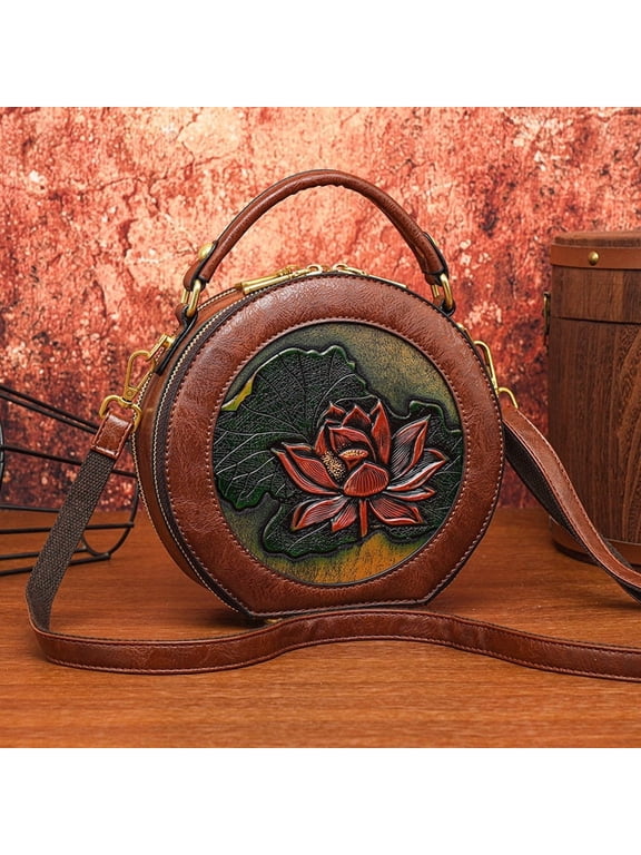 Women's Round Embroidered Crossbody Bag, Retro Floral Cylinder Purse with Zipper