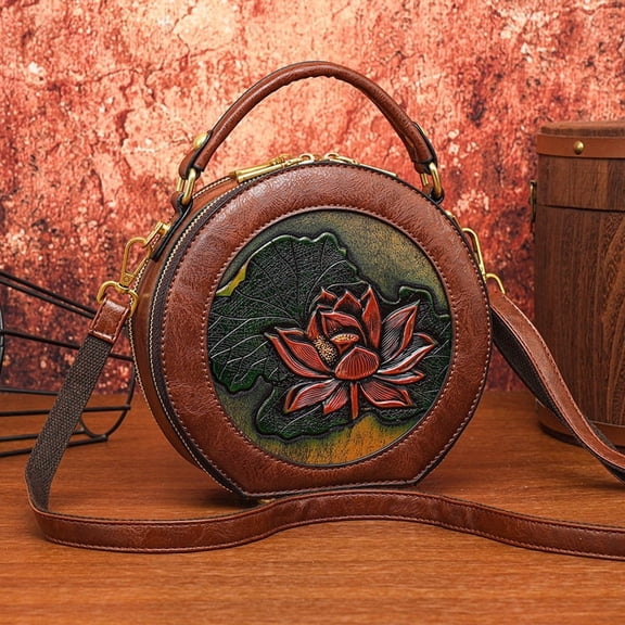 Women's Round Embroidered Crossbody Bag, Retro Floral Cylinder Purse with Zipper