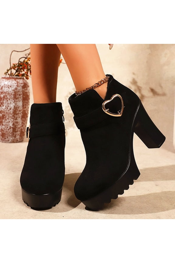 Women's Round Headed Heart Shaped Thick Bottom Suede And Coarse Heel High Heeled Short Boots