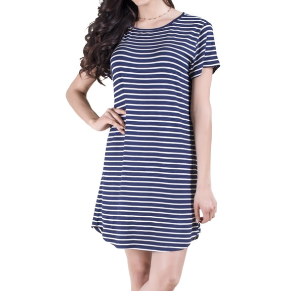 Women’s Round Hem Striped T-Shirt Dress (Navy, Small)