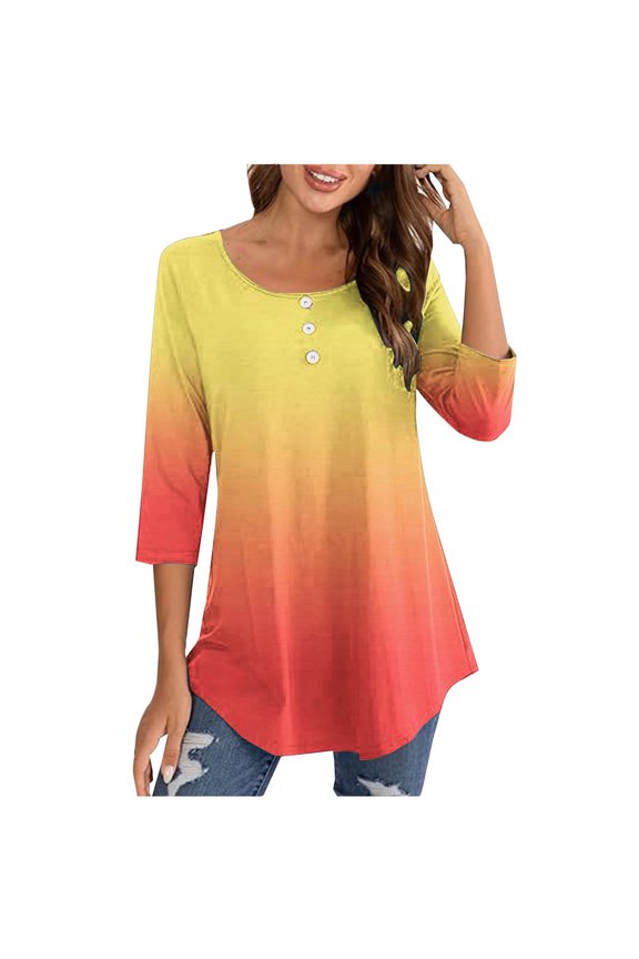 Women's Round Neck 3/4 Sleeve Button Up Top