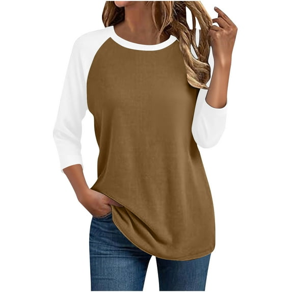 Women's Round Neck 3/4 Sleeve Raglan Sleeve Color Blocked T-shirt Top