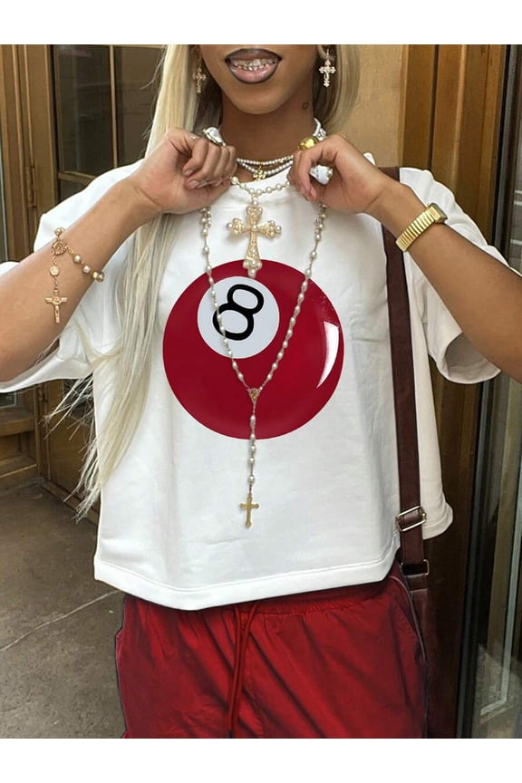 Women's Round Neck 8 Ball Printed Casual Loose Comfortable Short Sleeve T-Shirt