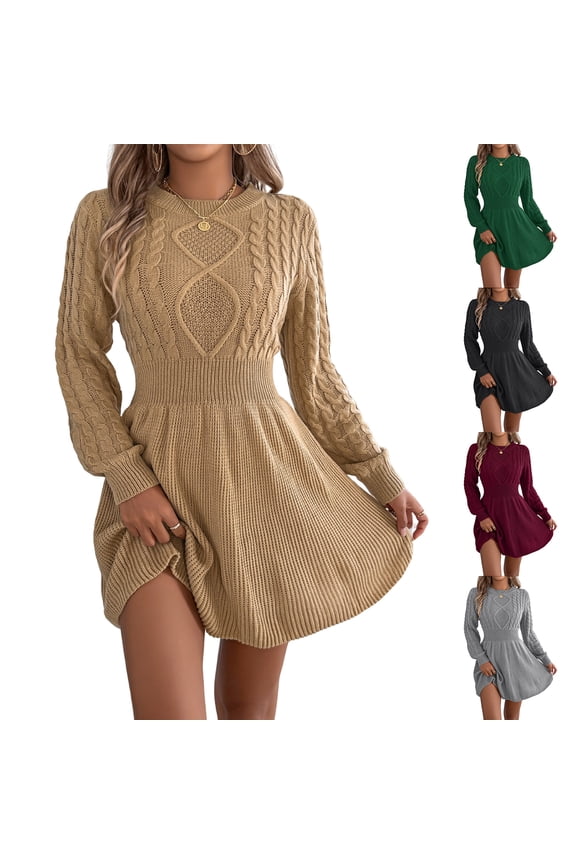 Women's Round Neck A-Line Knitted Sweater Dress Long Sleeve Solid Color with Twisted Waist for Fall and Winter Style, Ideal for Holiday Gatherings and Evening Wear, Chic and Form-Fitting,Black,S