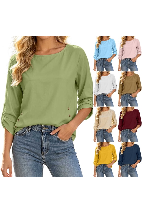 Women's Round Neck Blouse Adjustable 3/4 Sleeve with Side Button Loose Fit Casual Tunic Tops for Ladies Daily & Weekend Wear S-3XL White