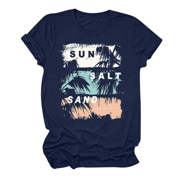 Women's Round Neck Blouse Dressy Casual Tops Beach Style Basic T-Shirts Summer Clothes for Teen Girls Sunset Graphic Tees Vintage Fashion 2024 Short Sleeve Loose Fit Flowy Tunic Tops Navy T Shirts S