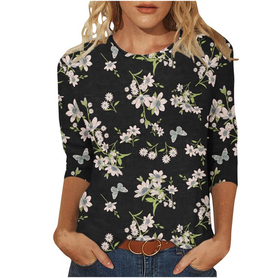 Women's Round Neck Blouse Dressy Casual Tops for Lady Floal Printing Vintage Spring Elegant Shirts Summer Clothes for Teen Girls Fashion 2024 3/4 Sleeve Loose Fit Flowy Tunic Tops Black T Shirts L