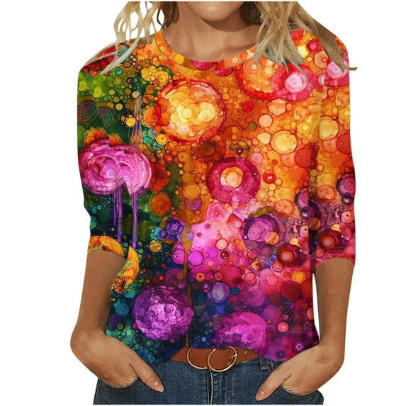 Women's Round Neck Blouse Dressy Casual Tops for Lady Flora Print Fashion 2024 Vintage 3/4 Sleeve Loose Fit Flowy Tunic Tops Summer Clothes for Teen Girls Spring Elegant Shirts Multicolor T Shirts XL