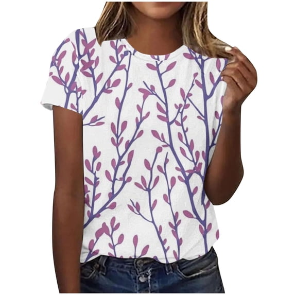 Women's Round Neck Blouse Dressy Casual Tops Summer Clothes for Teen Girls Tie Dye Floal Printing Comfy Casual Shirts Fashion 2024 Short Sleeve Loose Fit Flowy Tunic Tops Vintage Blue T Shirts L