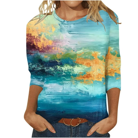 Women's Round Neck Blouse Dressy Casual Tops Tie Dye Ombre 3/4 Sleeve Loose Fit Flowy Tunic Tops Fashion 2024 Summer Clothes for Teen Girls Vintage Spring Elegant Shirts Multicolor T Shirts M