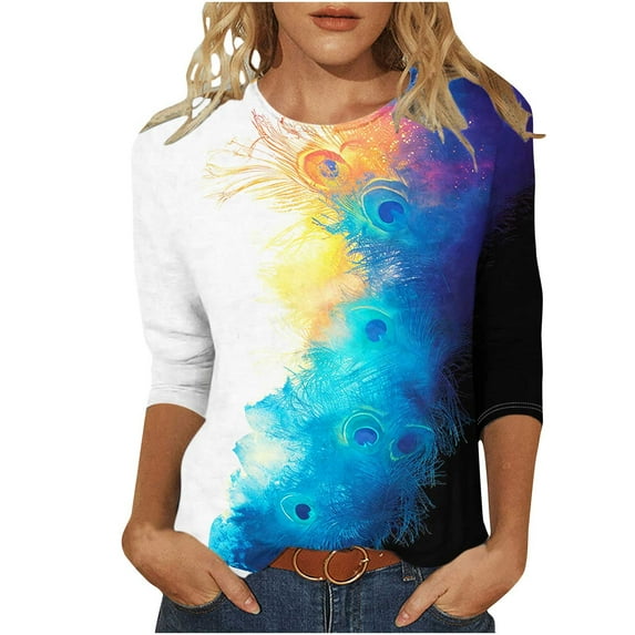 Women's Round Neck Blouse Dressy Casual Tops Tie Dye Ombre Spring Elegant Shirts Summer Clothes for Teen Girls 3/4 Sleeve Loose Fit Flowy Tunic Tops Vintage Fashion 2024 Multicolor T Shirts M