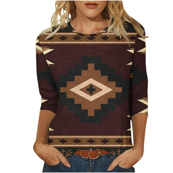 Women's Round Neck Blouse Spring Elegant Shirts Vintage 3/4 Sleeve Tunic Tops Loose Fit Flowy Y2K Tops Dressy Casual Western Ethic Print Fashion Summer Clothes Multicolor T Shirts XXXXL