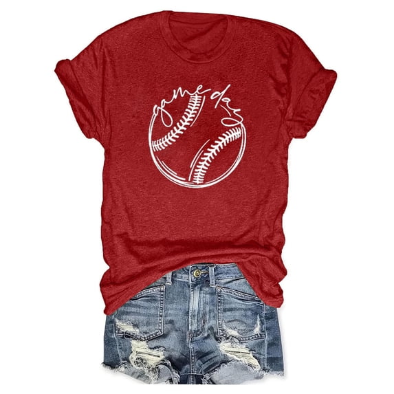 Women's Round Neck Blouse Y2K Tops Dressy Casual Basic Tees for Sports Short Sleeve Tunic Tops Loose Fit Flowy Baseball Graphic Tops Vintage Summer Clothes for Teen Girls Fashion 2024 Red T Shirts S