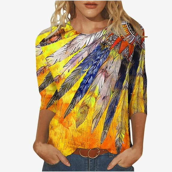 Women's Round Neck Blouse Y2K Tops Dressy Casual Gradient Floral Print Shirts 3/4 Sleeve Tunic Tops Loose Fit Flowy Vintage Summer Clothes Spring Elegant Shirts Fashion Yellow T Shirts XXXL