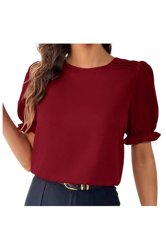 Women's Round Neck Blouse Y2K Tops Dressy Casual Short Sleeve Tunic Tops for Lady Loose Fit Flowy Fashion 2024 Comfy Casual Shirts Vintage Summer Clothes for Teen Girls Solid Color Wine T Shirts XXL