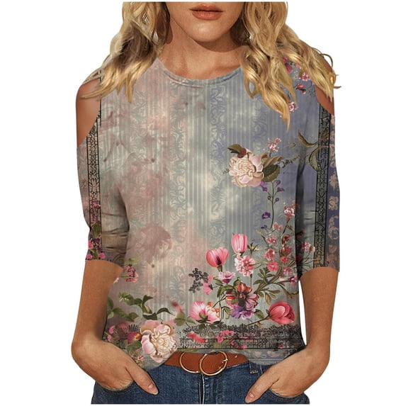 Women's Round Neck Blouse Y2K Tops Dressy Casual Summer Clothes for Teen Girls Fashion 2024 Vintage Tie Dye Floal Printing Spring Elegant Shirts 3/4 Sleeve Tunic Tops Loose Fit Flowy Blue T Shirts S