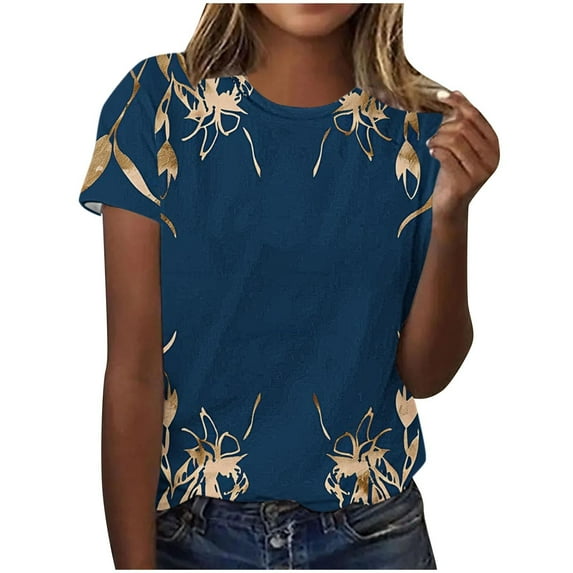 Women's Round Neck Blouse Y2K Tops Dressy Casual Summer Clothes for Teen Girls Tie Dye Floal Printing Short Sleeve Tunic Tops Loose Fit Flowy Fashion 2024 Vintage Comfy Casual Shirts Blue T Shirts L