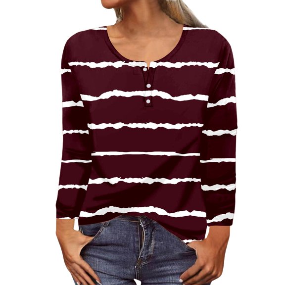 Women's Round Neck Button Floral Print Long Sleeve T-Shirt Casual and Stylish Top