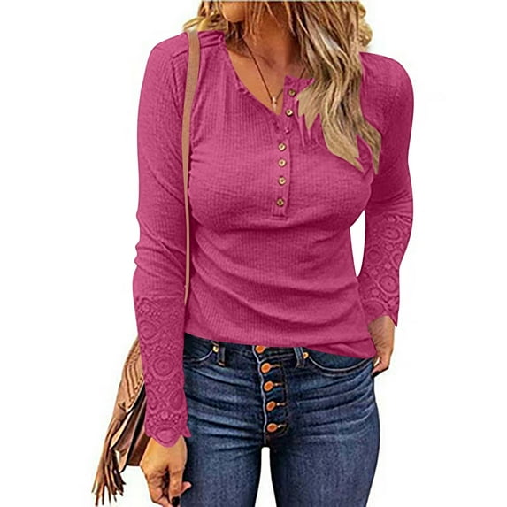 Women's Round Neck Button Splicing Lace Lace Lace Sleeves Loose Solid Color Long Sleeves Loose Fit Athletic Tops for Women Women's Plain T Shirt Short Sleeve Running Shirts Women Long Sleeve