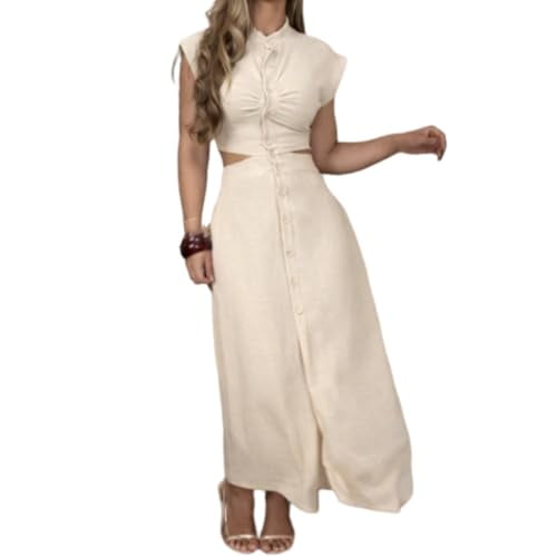 Women's Round Neck Buttoned Hollow Waist Casual Dress, Summer Cap Sleeve Side Cut Out Button Front Slit Maxi Dresses