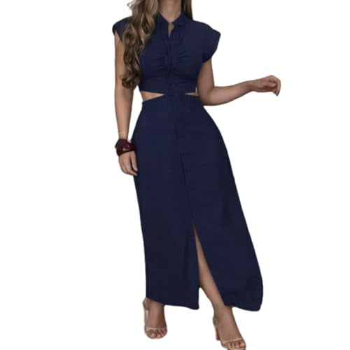 Women's Round Neck Buttoned Hollow Waist Casual Dress, Summer Cap Sleeve Side Cut Out Button Front Slit Maxi Dresses