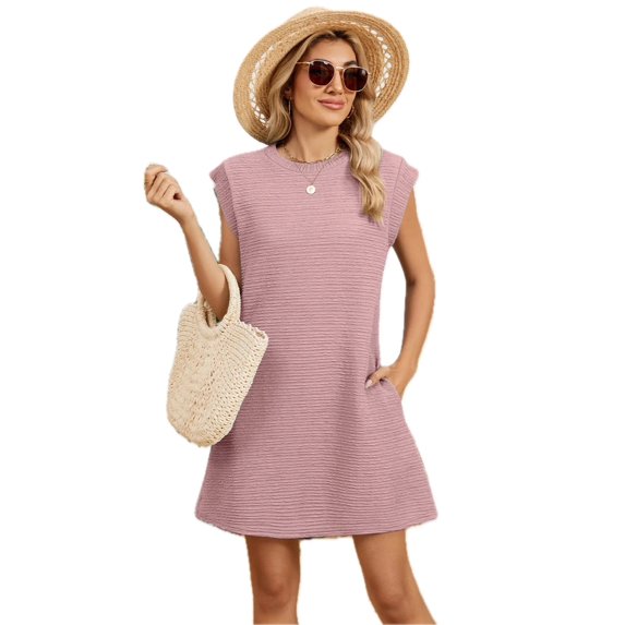 Women's Round Neck Cap Sleeve Mini Dress 60% rayon 30% polyester 5% spandex Lightweight Everyday Wear Casual Style