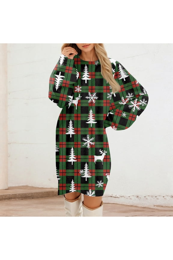 Women's Round Neck Casual Long Sleeve Plush Christmas Print Dresses for Cozy Holiday Fashion and Everyday Comfort,Army Green,3XL