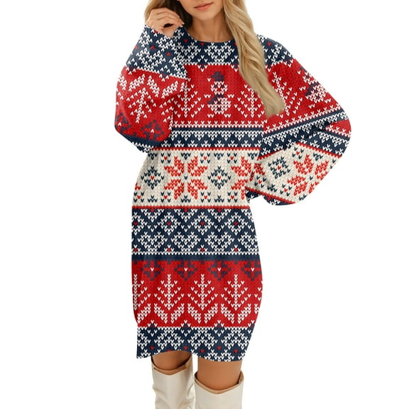 Women's Round Neck Casual Long Sleeve Plush Christmas Print Dresses for Cozy Holiday Fashion and Everyday Comfort,Blue,L