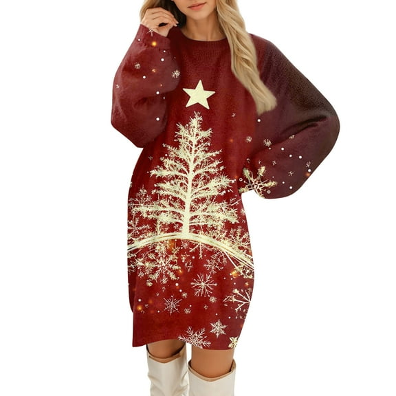 Women's Round Neck Casual Long Sleeve Plush Christmas Print Dresses for Cozy Holiday Fashion and Everyday Comfort,Vermilion,S