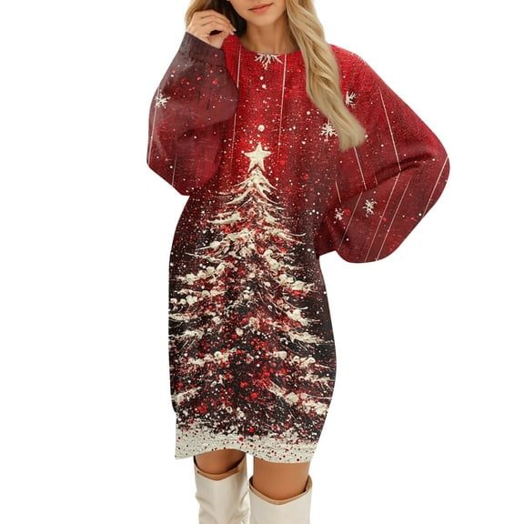 Women's Round Neck Casual Long Sleeve Plush Christmas Print Dresses for Cozy Holiday Fashion and Everyday Comfort,Watermelon Red,S
