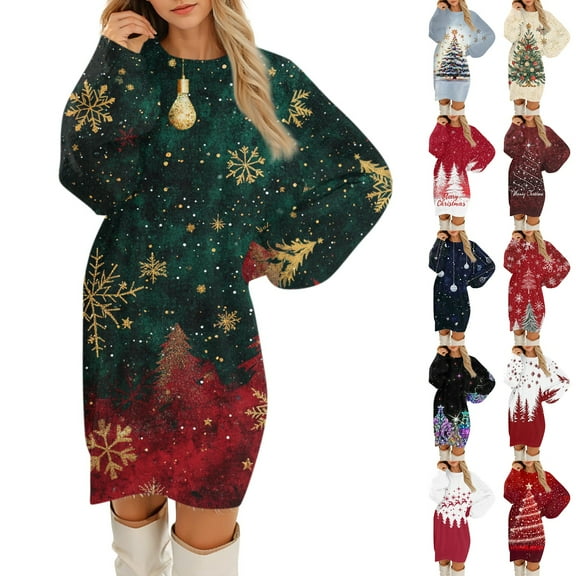 Women's Round Neck Casual Long Sleeve Plush Christmas Printed Dresses, Festive Fall and Winter Wear for Holiday Parties, Cozy and Soft Material,Dark Green,2XL