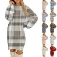 thumbnail image 1 of Women's Round Neck Casual Long Sleeve Plush Plaid Print Dress for Winter Lounging and Casual Outfits,Khaki,XL, 1 of 7