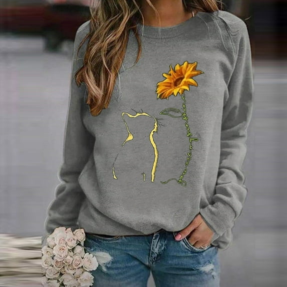 Women's Round Neck Casual Loose Shirts Cat Printed Long-Sleeved Blouses Tops