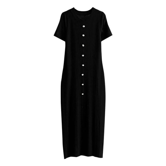 Women's Round Neck Dress Causal Short Sleeve Button Cardigan Maxi Cover Up Dresses Casual Slim Fit Knit Dress
