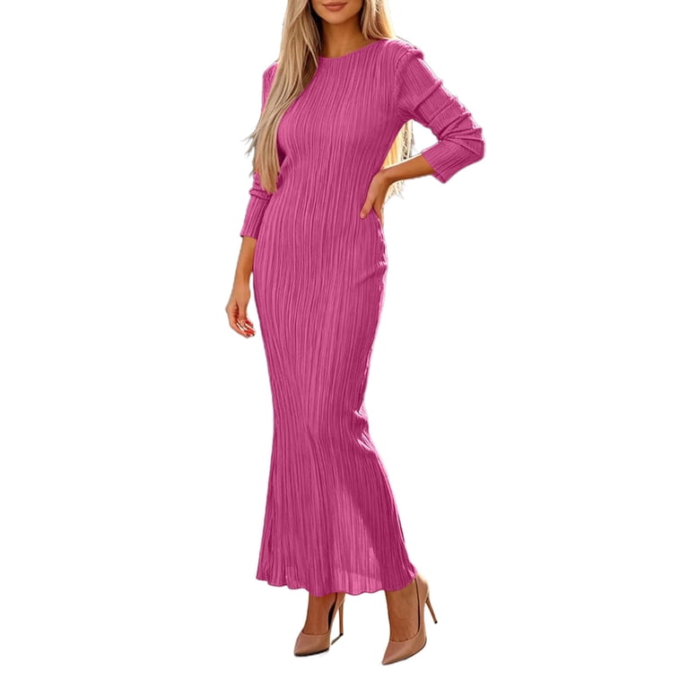 Women's Round Neck Dresses Dressy Long Sleeve Bodycon Maxi Dress Stretchy Elegant Formal Cocktail Party Dress Business Casual Dresses for Women Hot Pink M